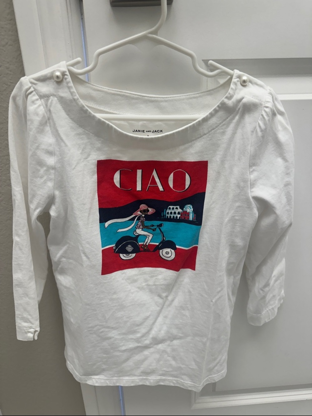 Janie and Jack White CIAO tee Size 7 Great condition.